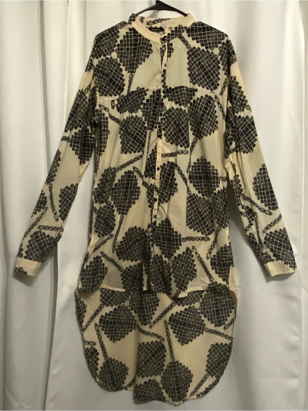 Manaola Men's Beige Black Peahi Lauhala Fan Print Cotton Longline Tunic Shirt XL